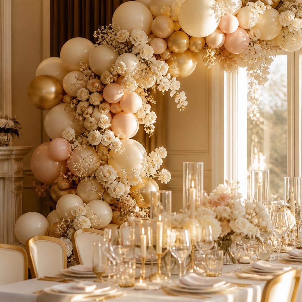 Luxury birthday balloon garland and tablescape